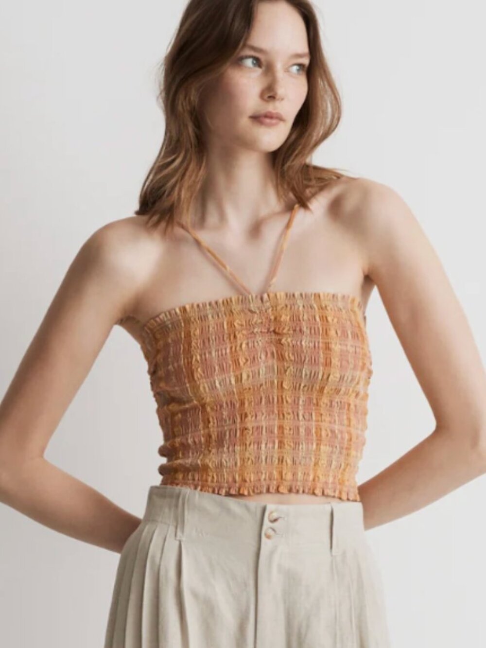 Madewell Poplin Smocked Halter Crop Top in Ground Clay